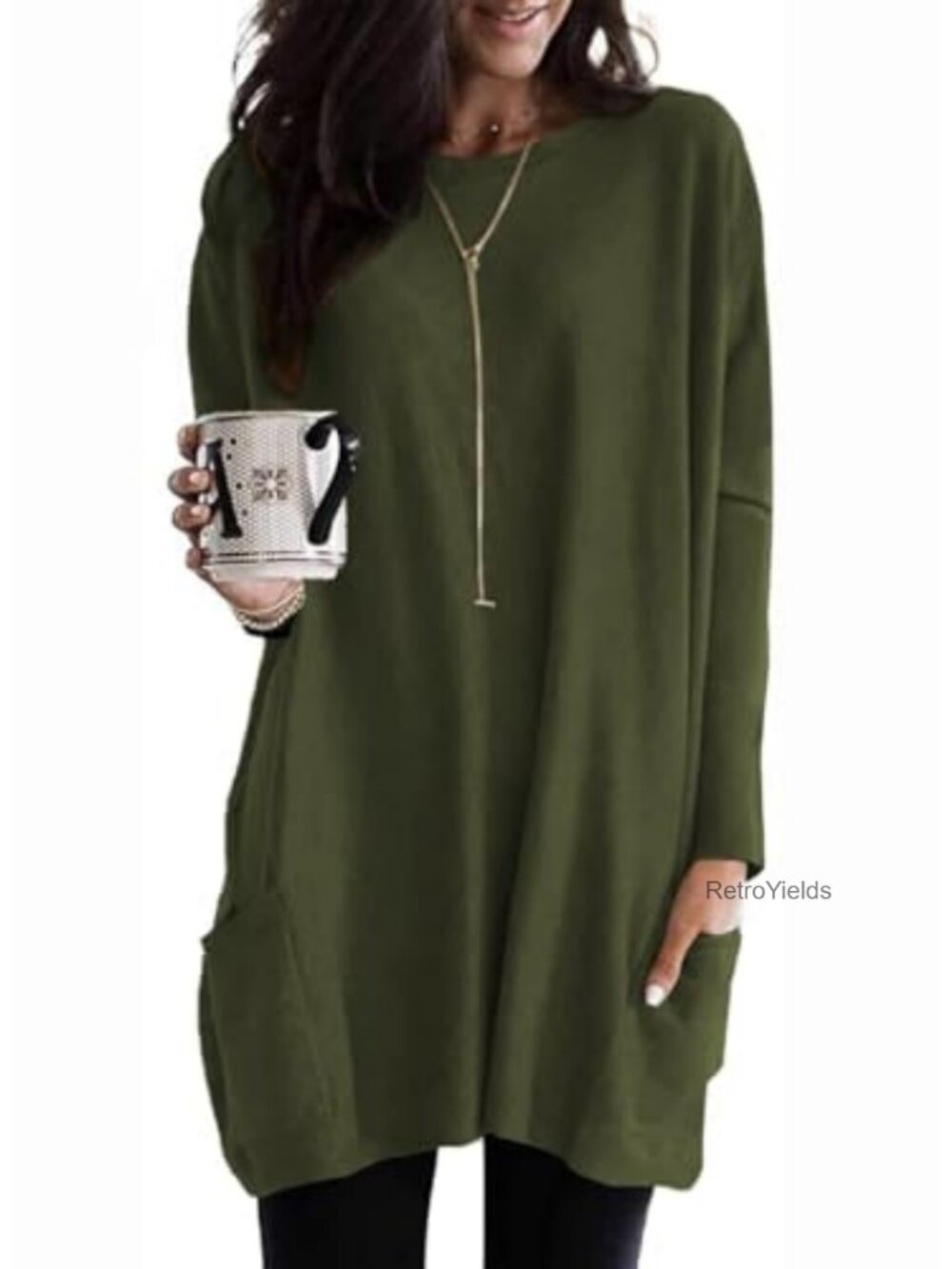Womens Long Sleeve Tunic Top with Pockets Loose Fit T-Shirt
